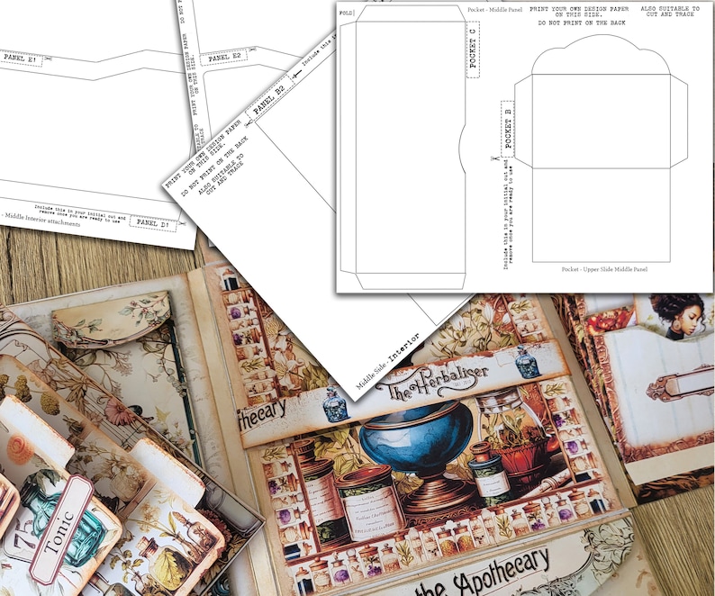 May include: A close-up of a handmade papercraft project with a vintage apothecary theme. The project features a series of pockets and flaps with labels like "Tonic" and "The Herbaliser". The pockets are decorated with a floral pattern and images of bottles and jars.