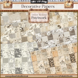 Może przedstawiać: Pakiet papierów cyfrowych z 20 wzorami patchwork w kolorze kości słoniowej i brązowym z motywami kwiatowymi. Pakiet nosi tytuł "Ivory Blooms Patchwork" i pochodzi od Polka Art Studio.