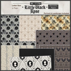 May include: A collection of decorative papers with various patterns, including floral, cameo, and script designs. The papers feature a color palette of black, gray, beige, and brown. The text on the image reads "Little Black Rose" and "Decorative Papers."