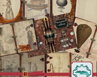 Printable Steampunk journaling pages kit, scrapbooking paper, antique paper patterns, Ephemera, for personal and commercial use