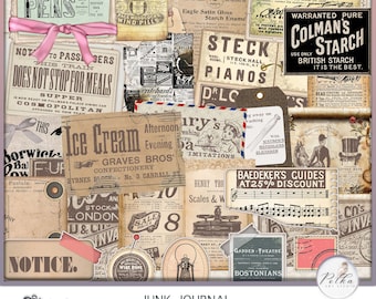 Digitale afdrukbare junk Journal Vintage Ephemera Kit, Victoriaanse advertenties, etiketten, tags, papiersnippers, afdrukbare papieren, Journaling Supplies