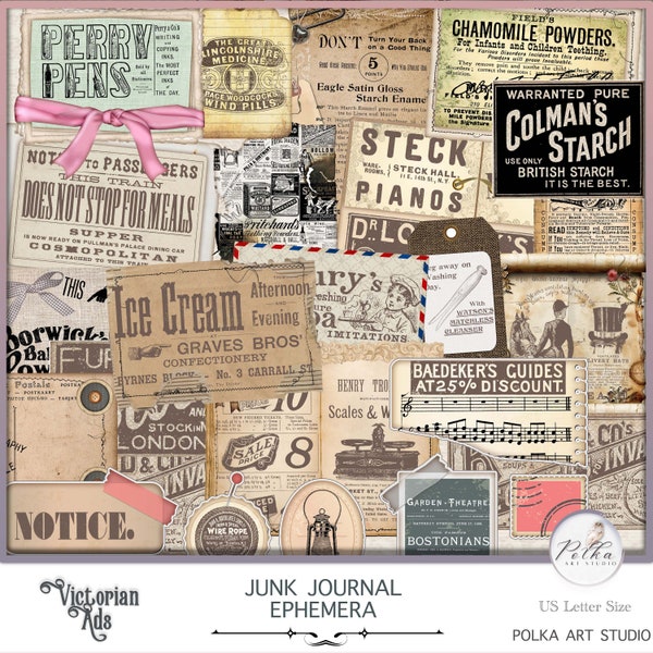 Digital Printable Junk Journal Vintage Ephemera Kit, Victorian Adverts, Labels,Tags, Paper Scraps, Printable Papers, Journaling Supplies