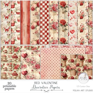 Páginas románticas de San Valentín con rosas rojas de Junk Journal, paquete de papel decorativo vintage de amor, papeles con retratos y paisajes, descarga instantánea, vintage