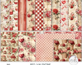 Junk Journal Romantische Rote Rosen Valentine Seiten, Liebe Vintage dekorative, Papier Pack Portrait, Landschaftspapiere Sofort download, Vintage