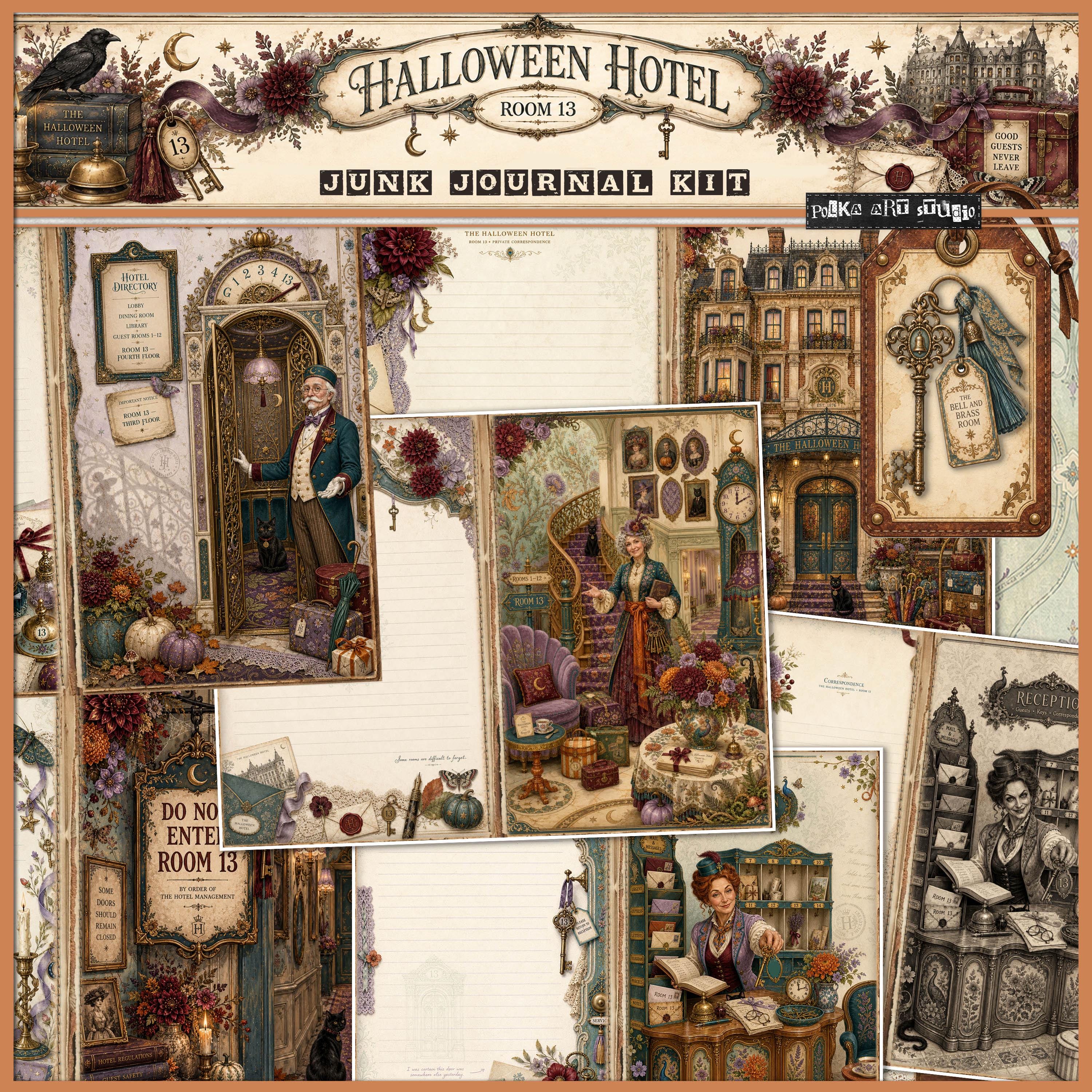 Hotel Halloween Junk Journal Kit, Halloween Journal Pages, Vintage Halloween Printable, Junk Journal Digital Kit, Room 13 Journal