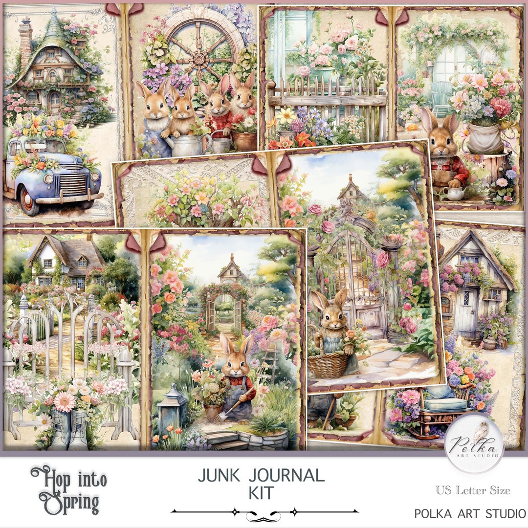 Spring Garden Bunnies Junk Journal Kit: Shabby Chic Ephemera (digital ...