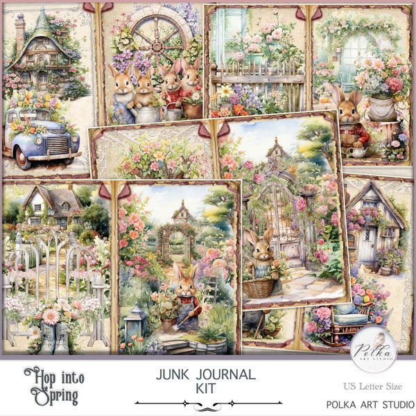 Digital Junk Journal, Spring Garden Bunnies, Shabby Chic Hares, Journal Pages & Ephemera,Printable Digital Download,Scrapbook Floral Pages