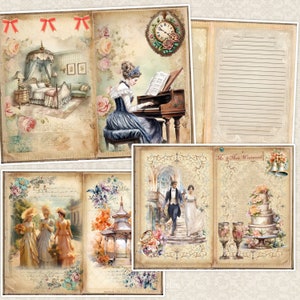May include: A vintage wedding scrapbook with pages featuring a bride and groom walking down a staircase, a woman playing a piano, and a wedding cake with champagne glasses.