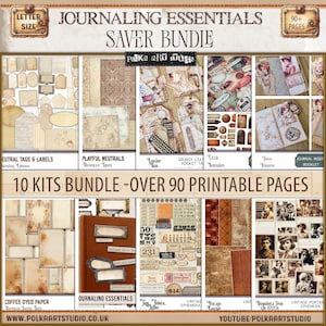 Könnte beinhalten: Ein digitales Collage-Kit zum Journaling mit über 90 druckbaren Seiten. Das Kit enthält eine Vielzahl von Elementen wie Tags, Etiketten, Papiere und Ephemera. Das Kit ist im Vintage-Stil mit braunen, cremefarbenen und weißen Farben gestaltet. Der Text "Journaling Essentials Saver Bundle" befindet sich oben im Bild.