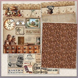 May include: Vintage coffee shop illustration with a wooden cabinet with drawers, coffee beans, a clock, and various coffee-related signs. The text on the signs includes "Coffee Time", "Manning Bowman", "Flag Roasted Coffee", "Chocolat Lombard Paris", and "Fry's 5 Centre Chocolate Cream".