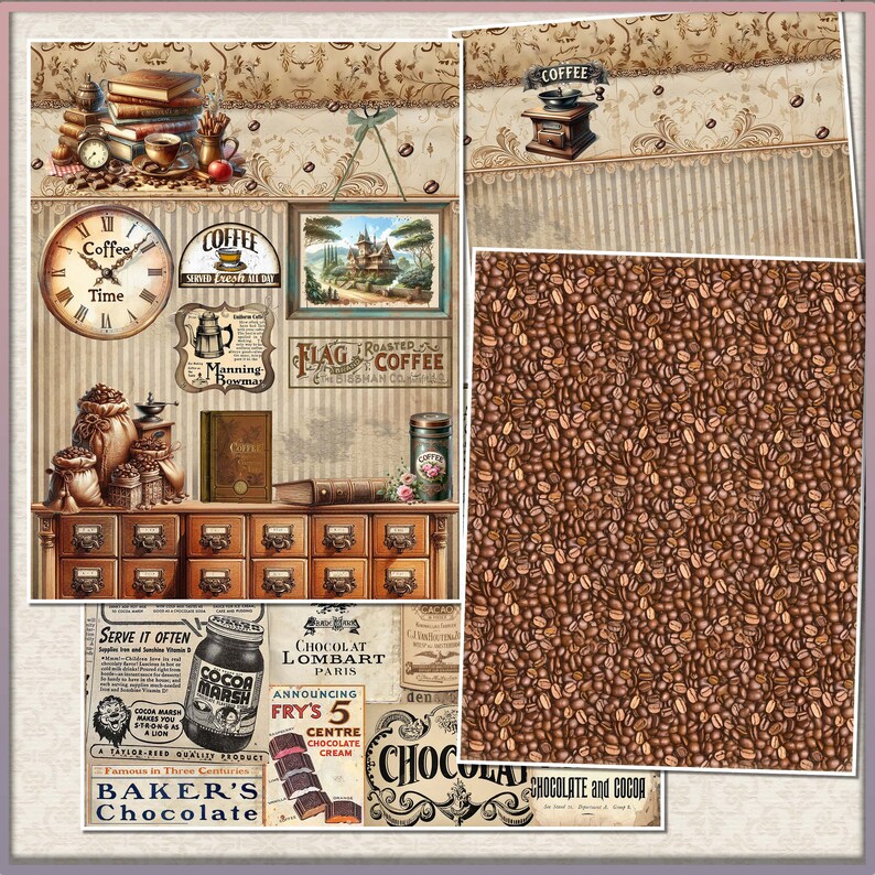 May include: Vintage coffee shop illustration with a wooden cabinet with drawers, coffee beans, a clock, and various coffee-related signs. The text on the signs includes "Coffee Time", "Manning Bowman", "Flag Roasted Coffee", "Chocolat Lombard Paris", and "Fry's 5 Centre Chocolate Cream".