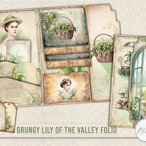 Folio vintage de journal indésirable, intercalaire de journal, éphémères vintage de muguet, kit digi créatif folio plié chargé, fleurs