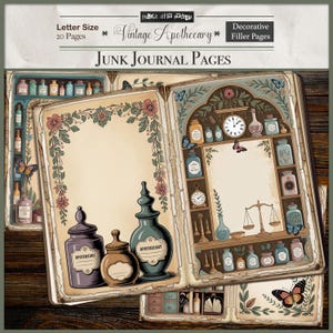 Może przedstawiać: Strony dziennika śmieciowego w stylu vintage z apteki z dekoracyjnymi stronami wypełniającymi. Strony zawierają ilustracje butelek aptecznych, zegarów, motyli i akcentów kwiatowych. Tekst zawiera "Letter Size 20 Pages" i "Vintage Apothecary".