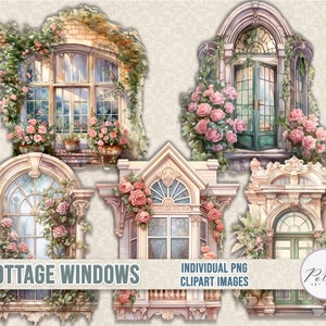 Zestaw ilustracji cyfrowych Clipart, Vintage Victorian Windows Clipart, PNG Printable Watercolor, Naklejki, Vintage, Junk Journal Fussy Cuts