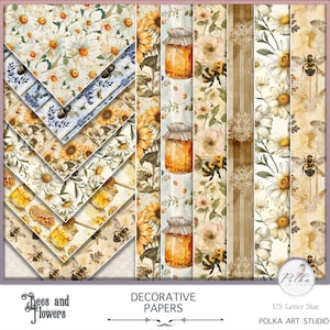 Digital Bees Junk Journal Kit, neutrale bijen- en bloemenpagina's, decoratieve afdrukbare pagina's, Instant Download antiek papier Digi Kit, collage