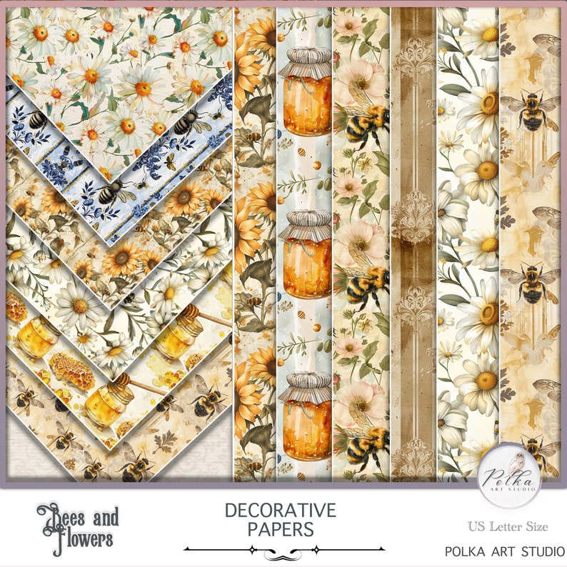 Digitale bijen junk journal kit, neutrale bijen en bloemenpagina's, decoratieve afdrukbare pagina's, instant download antiek papier Digi Kit, collage afbeelding 1