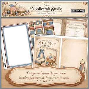 Puede incluir: Un kit de planificaci&oacute;n de diario basura con el texto "The Needlecraft Studio". El kit incluye p&aacute;ginas con bordes azules y marrones, una portada con un maniqu&iacute; y una cesta de hilo. El kit tambi&eacute;n incluye una pancarta que dice "Dise&ntilde;a y monta tu propio diario artesanal, de la portada a la columna vertebral."