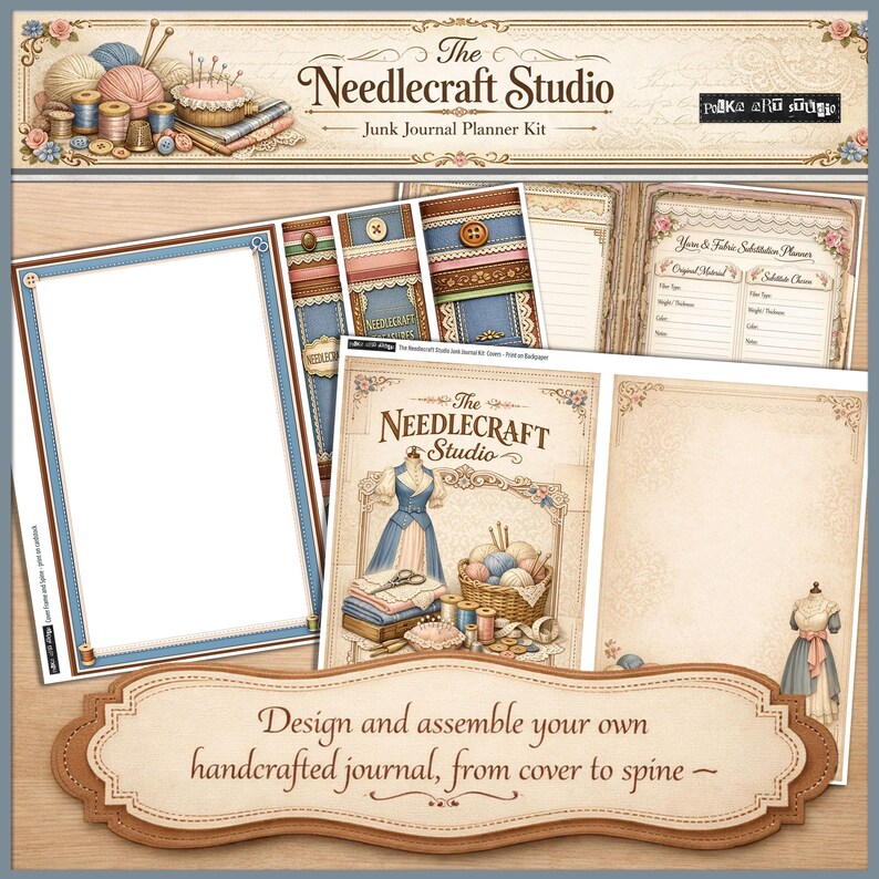 Puede incluir: Un kit de planificaci&oacute;n de diario basura con el texto "The Needlecraft Studio". El kit incluye p&aacute;ginas con bordes azules y marrones, una portada con un maniqu&iacute; y una cesta de hilo. El kit tambi&eacute;n incluye una pancarta que dice "Dise&ntilde;a y monta tu propio diario artesanal, de la portada a la columna vertebral."