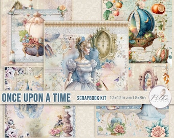 May include: A scrapbook kit with a fairytale theme featuring a princess, a clock, a ship, a castle, and flowers. The kit includes 12x12in and 8x8in papers. "Once Upon A Time" scrapbook kit.