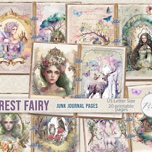 Junk Journal Digital Kit „Forest Fairy” Wydrukowane papiery do kolażu wróżek fantasy, magiczny dziennik wróżek, album ze zdjęciami, papier akwarelowy