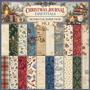 May include: A Christmas Journal Essentials Vol. 2 decorative paper pack featuring a collection of twenty-four patterned sheets with holiday themes including winter landscapes, vintage toys, poinsettias, holly, musical notes, and plaid designs.