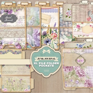 Junk Journal XL chemises de classement, pochettes, documents éphémères numériques, journal imprimable, fournitures pour journal, kit numérique fleurs printanières vintage, scrapbooking