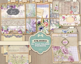 Junk Journal  XL File Folders, Pockets, Digital Ephemera, Journal Printable, Journal Supplies, Vintage Spring Flowers Digital Kit,Scrapbook