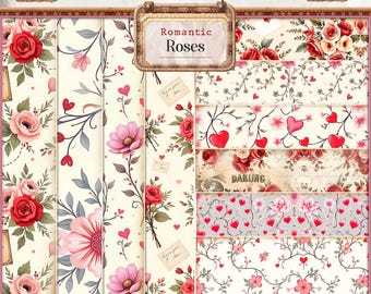 Könnte beinhalten: Ein Set mit 10 digitalen Papieren mit romantischen Rosendesigns. Die Papiere enthalten verschiedene Muster mit Rosen, Herzen, Ranken und floralen Elementen in Rosa-, Rot- und Weißtönen auf cremefarbenem Hintergrund. Der Text "Romantic Roses" ist auf einem braunen Etikett abgebildet.