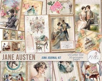 Junk Journal Jane Austen journalisation Digi Kit, Kit d'artisanat romantique imprimable Orgueils et préjugés, téléchargement numérique, Kit victorien vintage