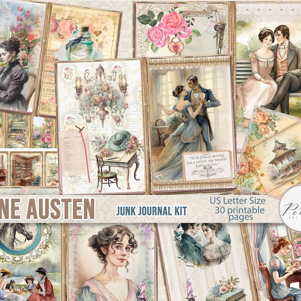 Junk Journal Jane Austen journalisation Digi Kit, Kit d'artisanat romantique imprimable Orgueils et préjugés, téléchargement numérique, Kit victorien vintage