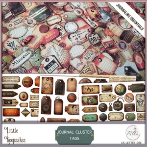 Kit básico de etiquetas de agrupación para scrapbooking de diario basura digital, material efímero para diario, adornos, material efímero vintage, descarga imprimible