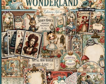 WONDERLAND COLLECTION Ephemera Add-On Junk Journal Kit Supplies – Alice in Wonderland Junk Journal Set