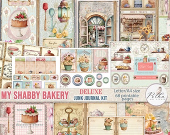 May include: A digital printable junk journal kit with 68 pages featuring a shabby chic bakery theme. The kit includes images of cakes, cupcakes, teacups, and other bakery-related items. The kit is perfect for scrapbooking, card making, and other paper crafts.