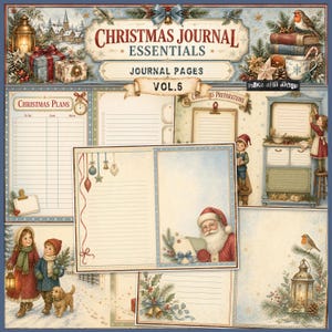 Peut inclure: Un ensemble de pages Christmas Journal Essentials Vol. 6 présentant des illustrations vintage de Père Noël, d'enfants, de rouges-gorges, de lanternes et de décorations de Noël. Les pages incluent des zones lignées, des listes et des titres comme Christmas Plans et Christmas Preparations, le tout sur un fond hivernal doux et festif.