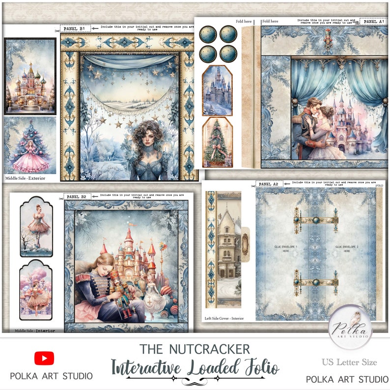 Op de afbeelding: Een interactief geladen folio met een notenkrakerthema in een blauw-wit kleurenschema. Het folio bevat een kasteel, een ballerina, een notenkraker en een kerstboom. Het folio is ontworpen voor gebruik met een envelop in US-letterformaat.