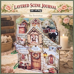 Può includere: Un diario di scena a strati intitolato "The Bookshop" con una casa di carta dettagliata con un uomo in una finestra, farfalle e un gatto nero. Il diario include il testo "Rare Books" e "Bookshop Journal".