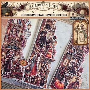 Peut inclure: Un ensemble de bordures de page décoratives sur le thème du Halloween Hotel, illustrant un hall d'hôtel, des bagages vintage, des citrouilles, un chat noir et une étiquette clé. Le design inclut le texte Halloween Hotel Room 13.