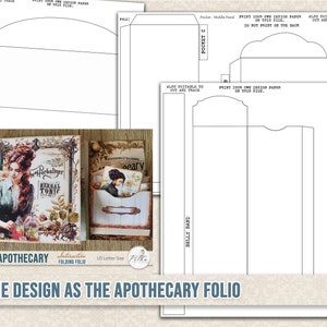 May include: A printable template for a folio style card with a vintage apothecary theme. The template includes a pocket for a card and a belly band. The text "The Apothecary" and "Interactive Folding Folio" is printed on the template.