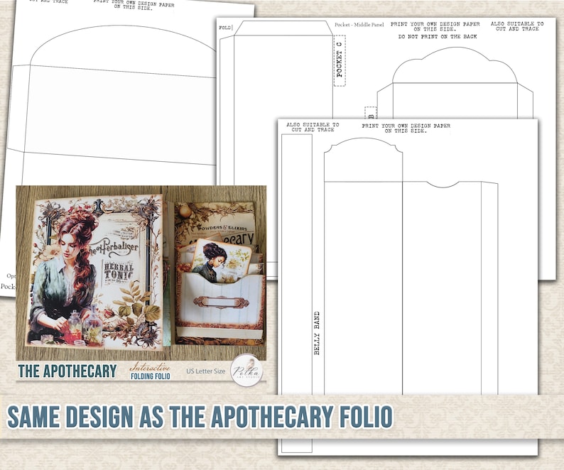 May include: A printable template for a folio style card with a vintage apothecary theme. The template includes a pocket for a card and a belly band. The text "The Apothecary" and "Interactive Folding Folio" is printed on the template.