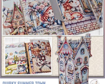 Könnte beinhalten: Ein farbenfrohes Papierbastelhaus mit einem skurrilen Design, mit einem roten Dach, rosa und blauen Wänden und einer Vielzahl von Fenstern und Türen. Das Haus ist mit Blumen und anderen Details verziert. Der Text "Quirky Summer Town Decorative Folio" und "US Letter Size" ist auf dem Bild zu sehen.