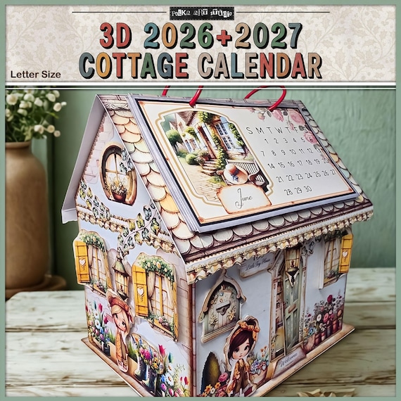 Digital Printable 2026 3D Cottage Desk Calendar, Paper Craft Project and Tutorial, Digital Download, Cottagecore House