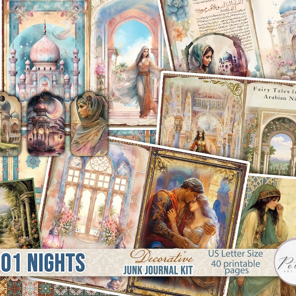 Junk Journal Arabian 1001 Nights, Aladdin, Oriental Fantasy Digi Kit, druckbare romantische Bastelpackung, Vintage Digital Download, Exotic Palace