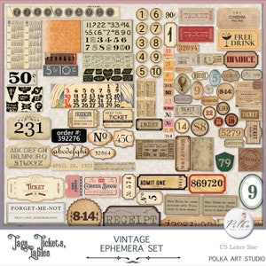 Digital Printable Junk Journal Vintage Ephemera Kit, Junk Journaling Tags, Labels, Tickets, Numbers, Printable Papers, Journaling Supplies image 1