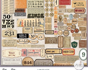 Digital Printable Junk Journal Vintage Ephemera Kit, Junk Journaling Tags, Labels, Tickets, Numbers, Printable Papers, Journaling Supplies