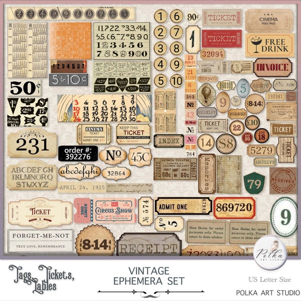 Digital Druckbares Junk Journal Vintage Ephemera Kit, Junk Journaling Tags, Etiketten, Tickets, Zahlen, bedruckbare Papiere, Journaling Zubehör