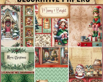 May include: A set of 12 digital papers featuring a Christmas theme. The papers include images of a cozy cottage, a Christmas tree, a fireplace, and a variety of festive decorations. The papers are perfect for scrapbooking, card making, and other craft projects.
