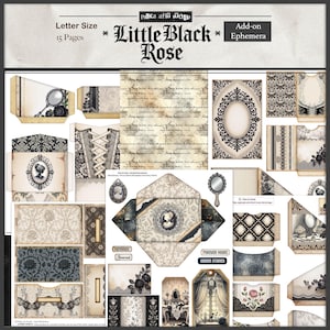 May include: A collection of vintage-style ephemera with a gothic theme. The set includes envelopes, tags, and decorative elements with floral, cameo, and lace designs. The text "Little Black Rose" and "Add-on Ephemera" are visible.