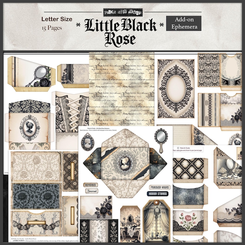 May include: A collection of vintage-style ephemera with a gothic theme. The set includes envelopes, tags, and decorative elements with floral, cameo, and lace designs. The text "Little Black Rose" and "Add-on Ephemera" are visible.