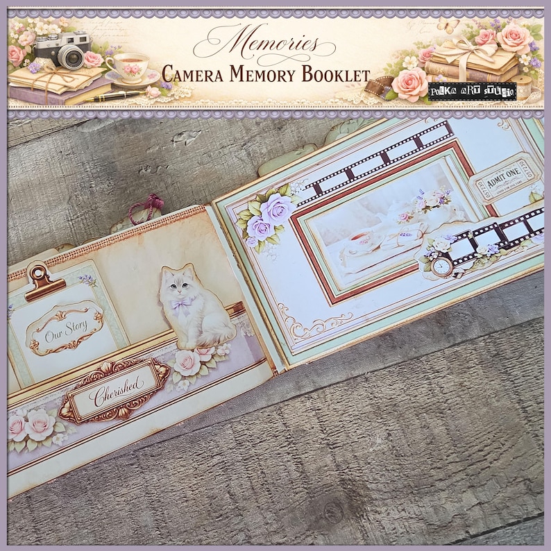 May include: Open scrapbook titled "Memories Camera Memory Booklet" with decorative pages. Features include a cat illustration, floral accents, and the words "Our Story" and "Cherished". The design incorporates vintage elements and a film strip.