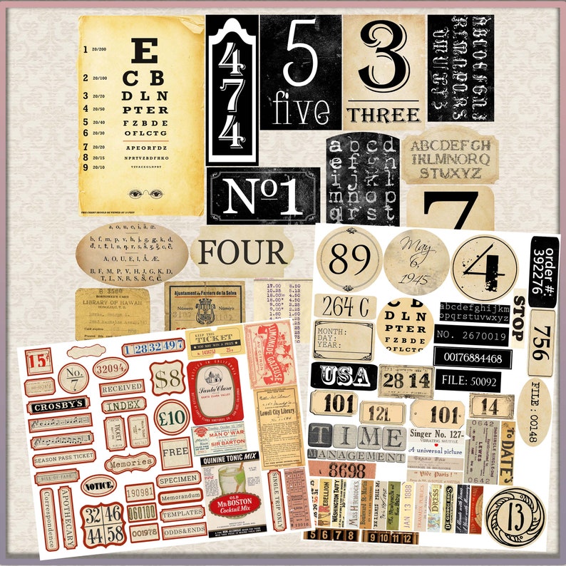 Digital Printable Junk Journal Vintage Ephemera Kit, Junk Journaling Tags, Labels, Tickets, Numbers, Printable Papers, Journaling Supplies zdjęcie 3